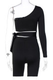 Coffee Fashion Sportswear Solid Frenulum One Shoulder Long Sleeve Two Pieces