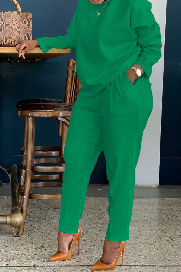 Green Casual Solid Patchwork O Neck Long Sleeve Two Pieces
