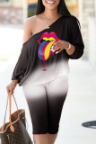 Red Fashion Casual Print Patchwork Oblique Collar Long Sleeve Two Pieces