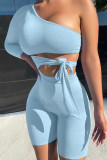 Coffee Fashion Sportswear Solid Frenulum One Shoulder Long Sleeve Two Pieces