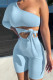 Blue Fashion Sportswear Solid Frenulum One Shoulder Long Sleeve Two Pieces