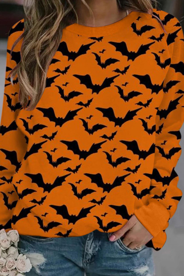Black Orange Fashion Casual Print Patchwork O Neck Tops