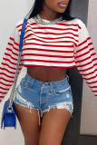 Red Fashion Casual Striped Print Basic O Neck Tops