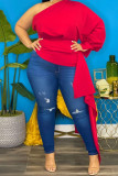 Red Sexy Solid Split Joint Asymmetrical Oblique Collar Plus Size Tops