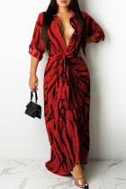 Red Fashion Sexy Print Patchwork Turndown Collar One Step Skirt Dresses