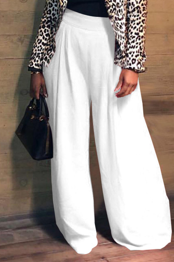 White Elegant Solid Patchwork Fold Straight High Waist Wide Leg Solid Color Bottoms