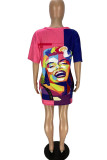 Red Fashion Casual Print Basic O Neck T-shirt Dress
