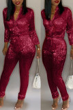Gold Fashion street Solid Long Sleeve O Neck Jumpsuits