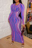 Purple Fashion Sexy Print See-through O Neck Long Sleeve Dresses