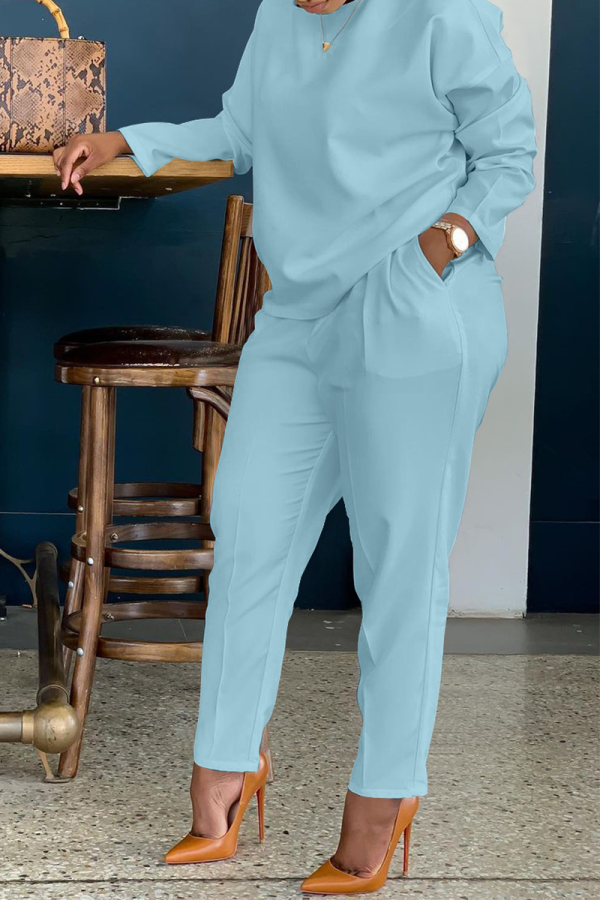 Light Blue Casual Solid Patchwork O Neck Long Sleeve Two Pieces