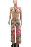 Yellow Red Sexy Print Patchwork Halter Sleeveless Two Pieces