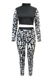 Black Fashion Sexy Print Patchwork O Neck Long Sleeve Two Pieces