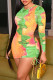 Green Sexy Print Patchwork Draw String Fold O Neck Pencil Skirt Dresses