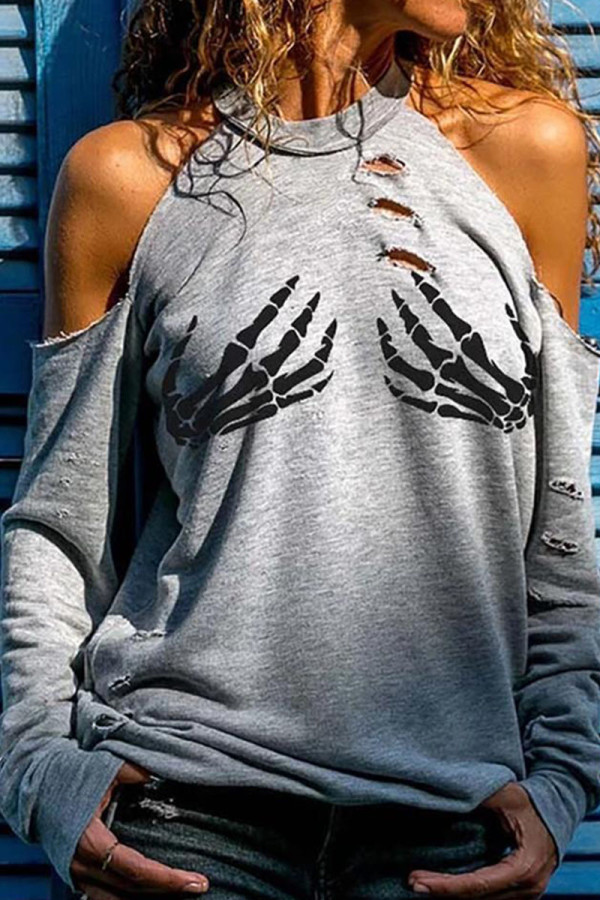 Grey Fashion Casual Print Patchwork O Neck Tops
