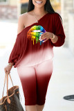 Red Fashion Casual Print Patchwork Oblique Collar Long Sleeve Two Pieces