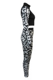 Black Fashion Sexy Print Patchwork O Neck Long Sleeve Two Pieces