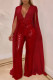 Red Long Sleeve Mid Patchwork Loose Jumpsuits