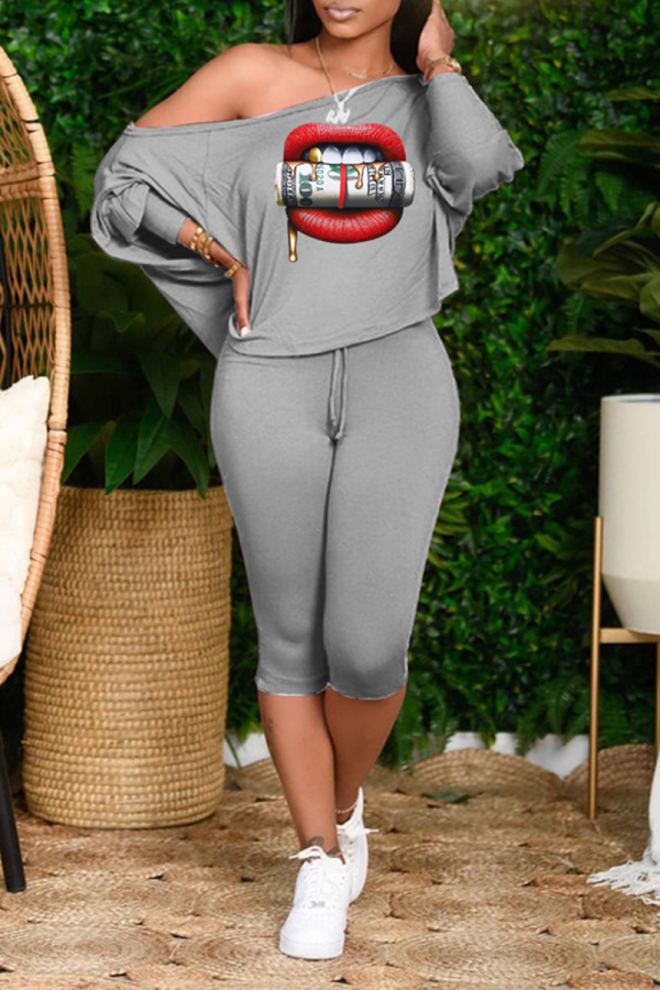 Grey Casual Print Patchwork One Shoulder Long Sleeve Two Pieces
