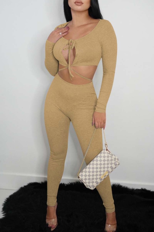 Khaki Sexy Casual Solid Bandage Hollowed Out O Neck Long Sleeve Two Pieces