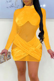 Yellow Sexy Solid Patchwork See-through Mandarin Collar One Step Skirt Dresses