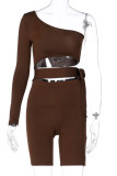 Coffee Fashion Sportswear Solid Frenulum One Shoulder Long Sleeve Two Pieces