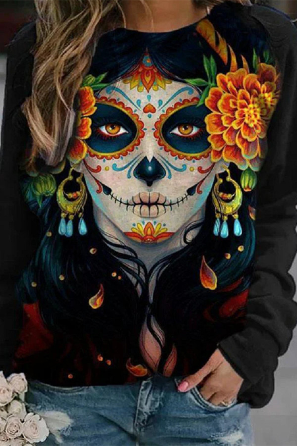 Black Fashion Casual Print Basic O Neck Tops