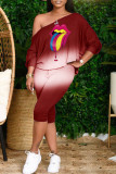 Red Fashion Casual Print Patchwork Oblique Collar Long Sleeve Two Pieces