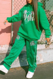 Green Casual Print Hooded Collar Long Sleeve Two Pieces