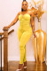 Yellow Fashion Sexy Solid Draped Sleeveless V Neck Jumpsuits