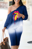 Red Fashion Casual Print Patchwork Oblique Collar Long Sleeve Two Pieces