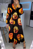 Black Red Casual Print Patchwork V Neck Cake Skirt Dresses