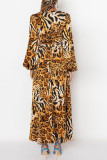 Khaki Sexy Print Hollowed Out Patchwork V Neck Long Sleeve Dresses