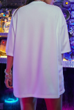 White Casual Print Patchwork O Neck T-Shirts