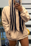 Grey Casual Solid Draw String Hooded Collar Tops