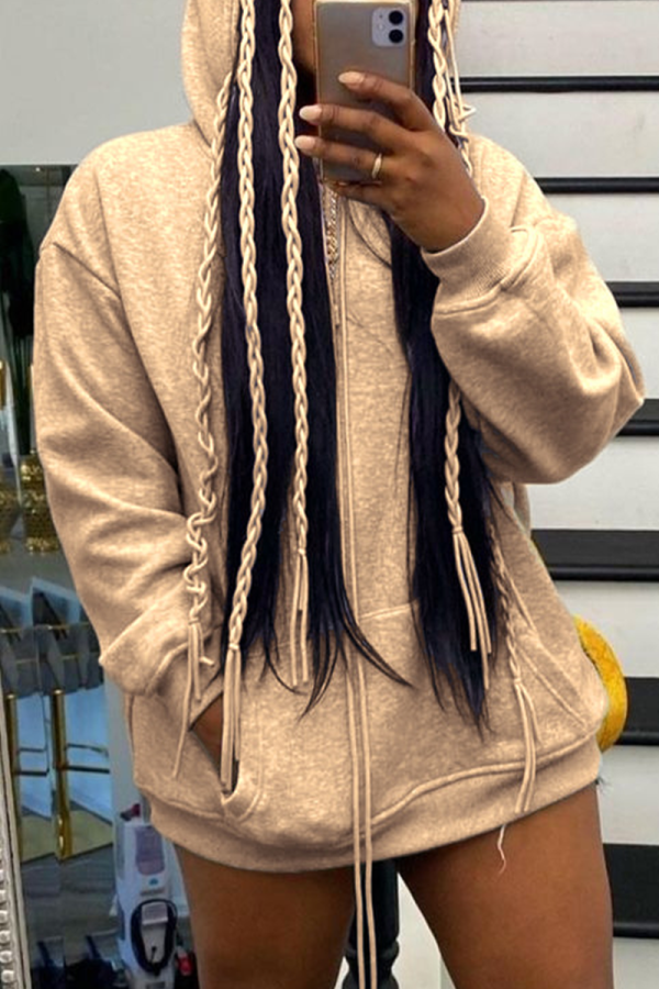 Light Brown Casual Solid Draw String Hooded Collar Tops
