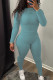 Ink Green Simplicity Solid Patchwork O Neck Long Sleeve Two Pieces