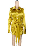 Gold Casual Solid Bandage Split Joint Buttons Fold Turndown Collar Shirt Dress Dresses