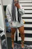 Grey Casual Solid Draw String Hooded Collar Tops