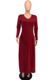 Red Fashion Casual Solid Patchwork V Neck One Step Skirt Dresses