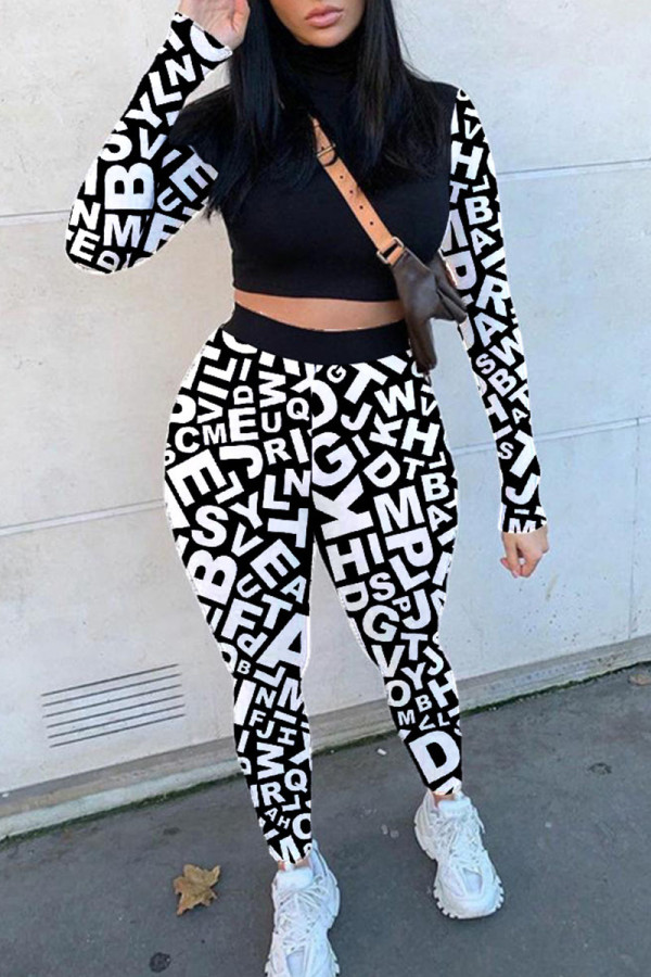 Black Fashion Sexy Print Patchwork O Neck Long Sleeve Two Pieces