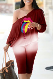 Red Fashion Casual Print Patchwork Oblique Collar Long Sleeve Two Pieces