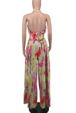 Yellow Red Sexy Print Patchwork Halter Sleeveless Two Pieces