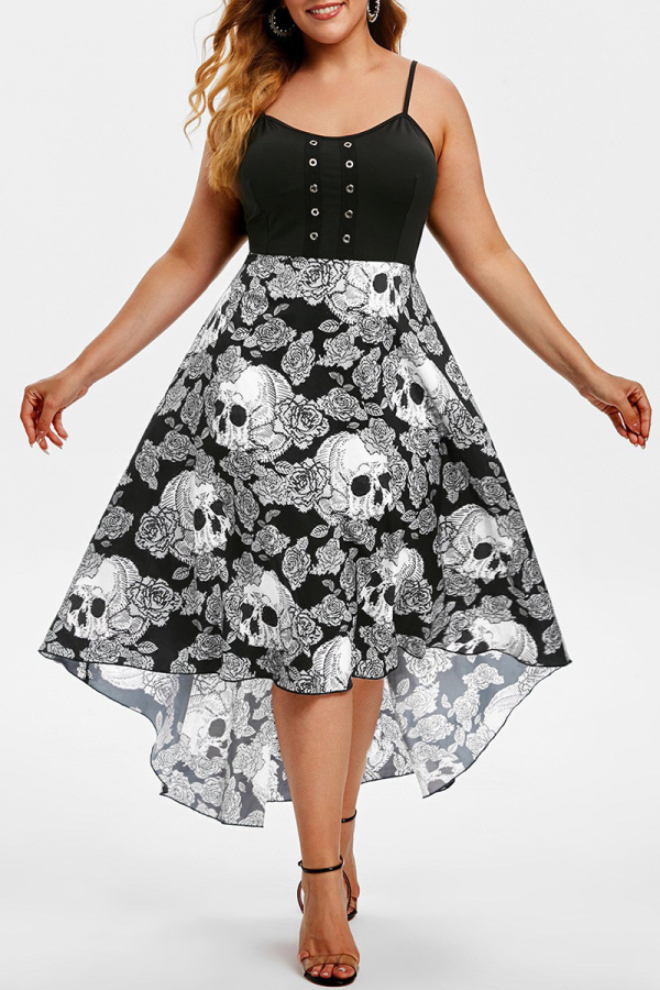 Black Casual Print Patchwork Spaghetti Strap Irregular Dress Dresses
