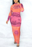 Orange Sexy Gradual Change Hollowed Out Split Joint Tie-dye See-through O Neck A Line Dresses