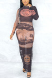Black Sexy Gradual Change Hollowed Out Split Joint Tie-dye See-through O Neck A Line Dresses