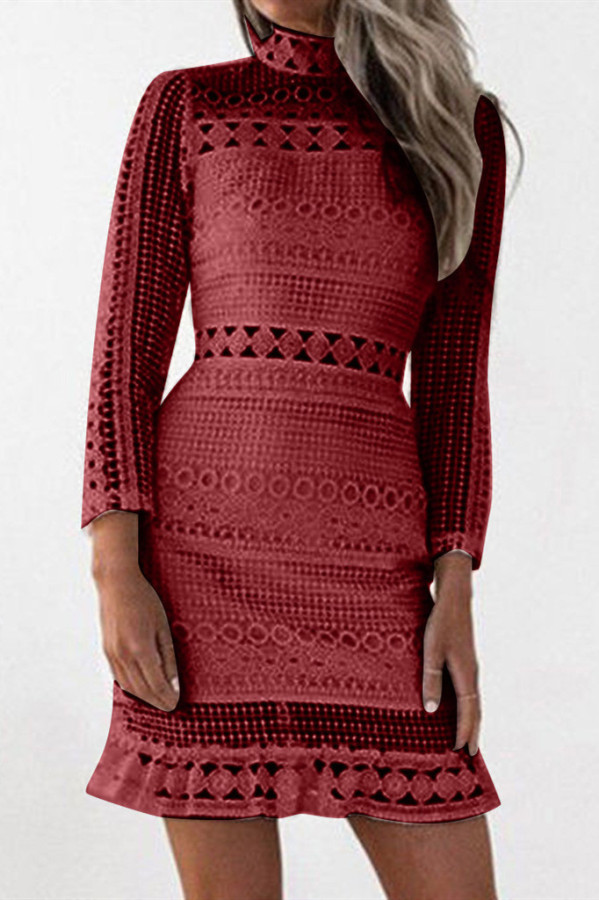 Wine Red Fashion Casual Solid Basic Turtleneck Long Sleeve Dresses