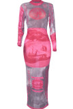 Silver Sexy Gradual Change Hollowed Out Split Joint Tie-dye See-through O Neck A Line Dresses