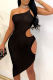 Black Sexy Solid Hollowed Out One Shoulder Pencil Skirt Dresses
