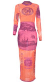 Orange Sexy Gradual Change Hollowed Out Split Joint Tie-dye See-through O Neck A Line Dresses