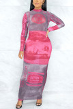 Silver Sexy Gradual Change Hollowed Out Split Joint Tie-dye See-through O Neck A Line Dresses